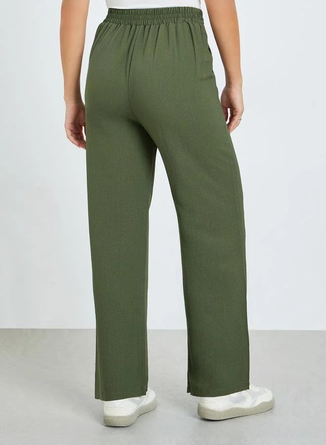 Take Two Dark Green Women Dark Green Textured Wide Leg Trousers for Women | Best Price UAE